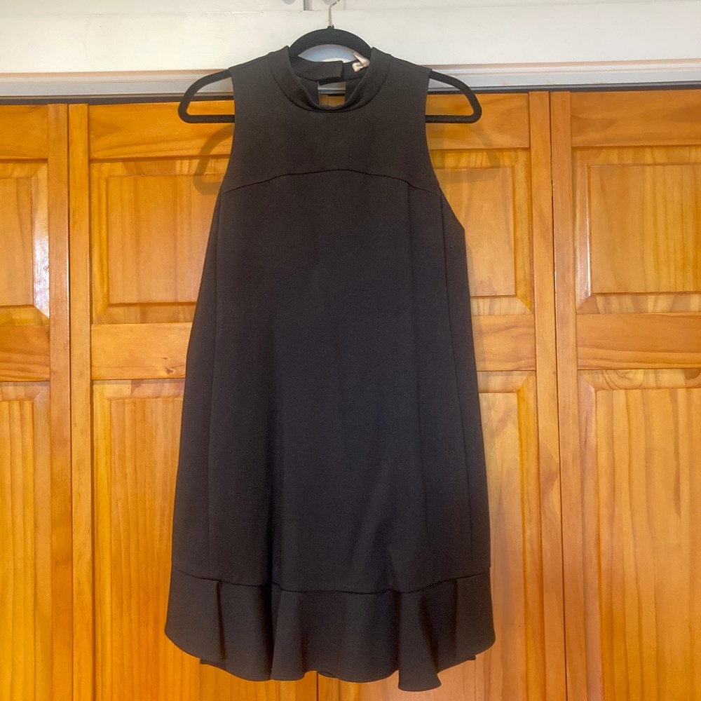 Rebecca Taylor Black Stretch Knit Dress with Ruffled Hem, High Neck, Size 10
